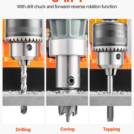Magnetic Drill, 1450W Motor 1.6 in Boring Diameter, 2810 lbf Portable Electric Mag Drill Press, with 2 Coring Bits, Variable Speed, Drilling Machine for Metal Surface, Home Improvement Industry.