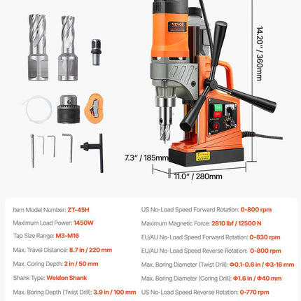 Magnetic Drill, 1450W Motor 1.6 in Boring Diameter, 2810 lbf Portable Electric Mag Drill Press, with 2 Coring Bits, Variable Speed, Drilling Machine for Metal Surface, Home Improvement Industry.