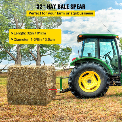 Hay Spear 32" Bale Spear 1350 lbs Capacity, Bale Spike Quick Attach Square Hay Bale Spears 1.4" Wide, Red Coated Bale Forks, Bale Hay Spike with Hex Nut & Sleeve for Buckets Tractors Loaders.