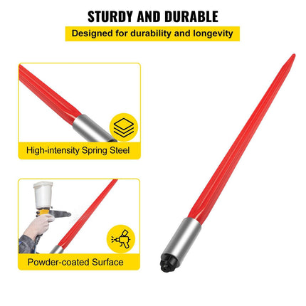 Hay Spear 32" Bale Spear 1350 lbs Capacity, Bale Spike Quick Attach Square Hay Bale Spears 1.4" Wide, Red Coated Bale Forks, Bale Hay Spike with Hex Nut & Sleeve for Buckets Tractors Loaders.