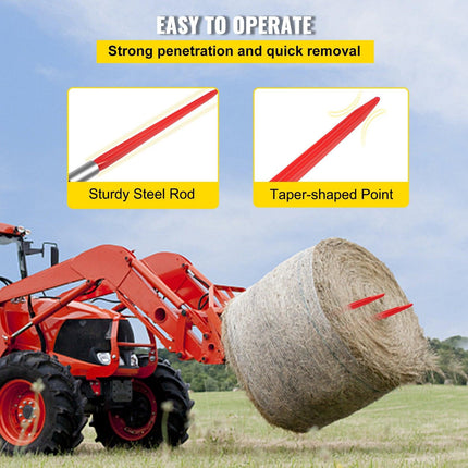Hay Spear 32" Bale Spear 1350 lbs Capacity, Bale Spike Quick Attach Square Hay Bale Spears 1.4" Wide, Red Coated Bale Forks, Bale Hay Spike with Hex Nut & Sleeve for Buckets Tractors Loaders.
