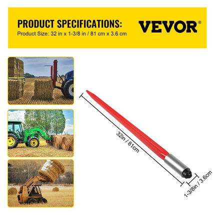 Hay Spear 32" Bale Spear 1350 lbs Capacity, Bale Spike Quick Attach Square Hay Bale Spears 1.4" Wide, Red Coated Bale Forks, Bale Hay Spike with Hex Nut & Sleeve for Buckets Tractors Loaders.