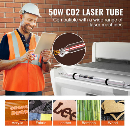 Laser Tube, 50W CO2 Laser Tube for Laser Engraver and Cutter Machine, 850 mm Length, 50 mm Diameter, Glass Laser Cutting Tube with TEM00 Beam Mode, for Wood Acrylic Fabric Leather Bamboo.