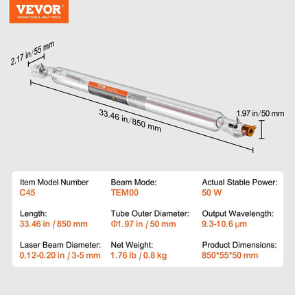 Laser Tube, 50W CO2 Laser Tube for Laser Engraver and Cutter Machine, 850 mm Length, 50 mm Diameter, Glass Laser Cutting Tube with TEM00 Beam Mode, for Wood Acrylic Fabric Leather Bamboo.