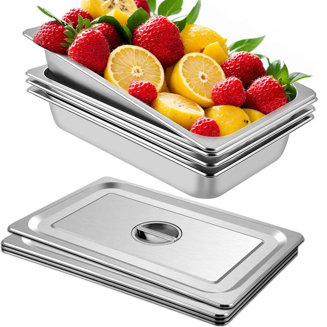 VEVOR 4 Pack Hotel Pan 3.7" Deep Steam Table Pan Full Size with Lid 20.8"L x 13"W Hotel Pan 22 Gauge Stainless Steel Anti Jam Steam Table Pan.