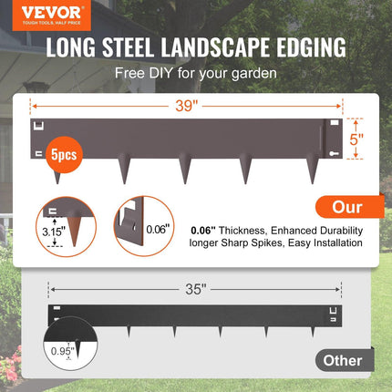 Steel Landscape Edging, 5-pack Steel Garden Edging Borders, 39" L x 5" H Strips, Hammer-in Edging Border, Bendable Metal Landscape Edging for Yard, Garden, Lawn, 3.15" Spike Height, Rustic Brown.