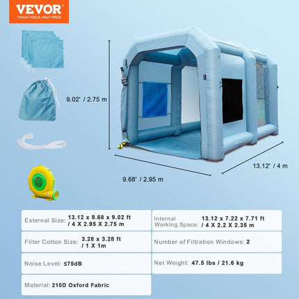 VEVOR Inflatable Spray Booth Car Paint Tent 13x10x9ft Filter System Blower 950W.