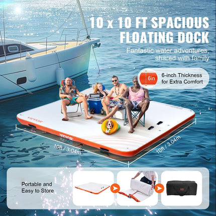 Inflatable Floating Dock, 10 x 10FT Inflatable Dock Platform, Non-Slip Water Floating Dock Mat with Portable Carrying Bag & Detachable Ladder, Floating Platform Island Raft for Pool Beach Ocean.
