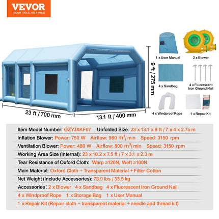 Inflatable Paint Booth 23x13.1x9ft Inflatable Spray Booth 750W+480W Blower.