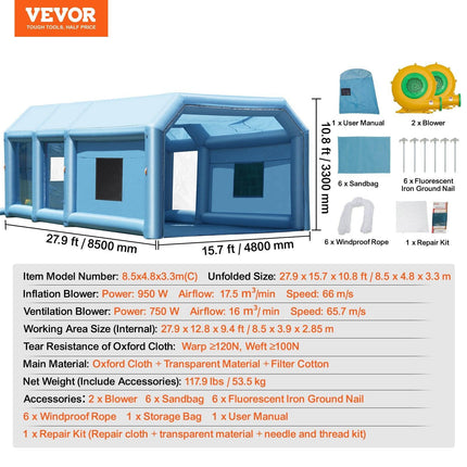 Inflatable Paint Booth 27.9x15.7x10.8ft Inflatable Spray Booth 950W+750W.