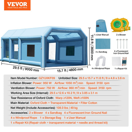 Inflatable Paint Booth 29.5x15.7x11.8ft Inflatable Spray Booth 950W+750W.