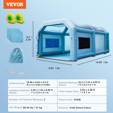 Inflatable Spray Booth Car Paint Tent 20x10x8ft Filter System 2 Blowers.