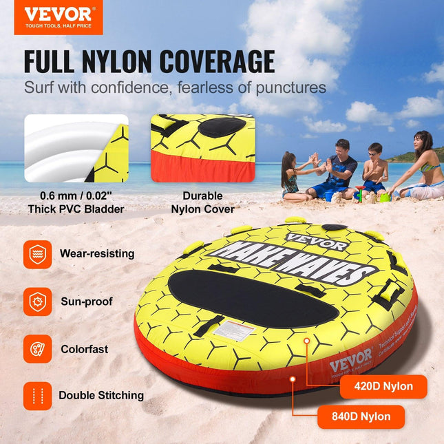 Towable Tube for Boating, 1-3 Riders Inflatable Boat Tubes and Towables, 510 lbs, 63" Round Water Sport Towable Tubes for Boats to Pull, Full Nylon Cover, EVA Grab Handles and Speed Safety Valve.