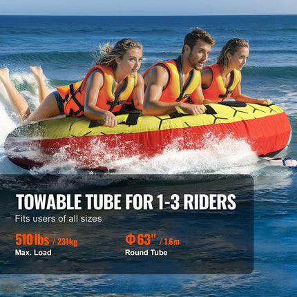 Towable Tube for Boating, 1-3 Riders Inflatable Boat Tubes and Towables, 510 lbs, 63" Round Water Sport Towable Tubes for Boats to Pull, Full Nylon Cover, EVA Grab Handles and Speed Safety Valve.