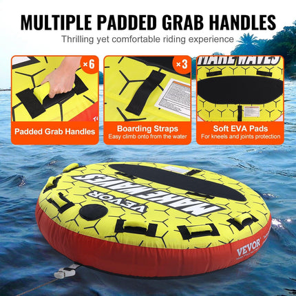 Towable Tube for Boating, 1-3 Riders Inflatable Boat Tubes and Towables, 510 lbs, 63" Round Water Sport Towable Tubes for Boats to Pull, Full Nylon Cover, EVA Grab Handles and Speed Safety Valve.