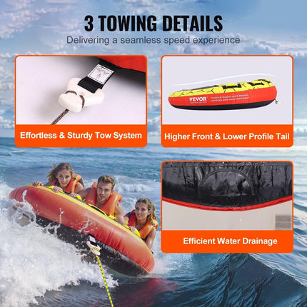 Towable Tube for Boating, 1-3 Riders Inflatable Boat Tubes and Towables, 510 lbs, 63" Round Water Sport Towable Tubes for Boats to Pull, Full Nylon Cover, EVA Grab Handles and Speed Safety Valve.