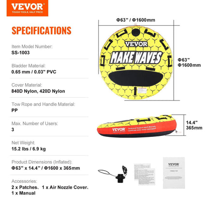 Towable Tube for Boating, 1-3 Riders Inflatable Boat Tubes and Towables, 510 lbs, 63" Round Water Sport Towable Tubes for Boats to Pull, Full Nylon Cover, EVA Grab Handles and Speed Safety Valve.