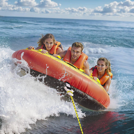 Towable Tube for Boating, 1-3 Riders Inflatable Boat Tubes and Towables, 510 lbs, 63" Round Water Sport Towable Tubes for Boats to Pull, Full Nylon Cover, EVA Grab Handles and Speed Safety Valve.