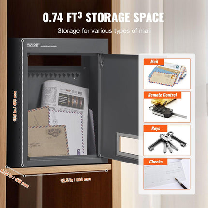 Through The Wall Drop Box, Heavy Duty Steel Through the Wall Mailbox with 2.8-7.9" 13" Combination Lock, 12.5x6.3x16.9" Mail Drop Box, Dark Gray.