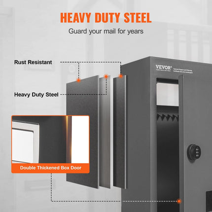Through The Wall Drop Box, Heavy Duty Steel Through the Wall Mailbox with 2.8-7.9" 13" Combination Lock, 12.5x6.3x16.9" Mail Drop Box, Dark Gray.