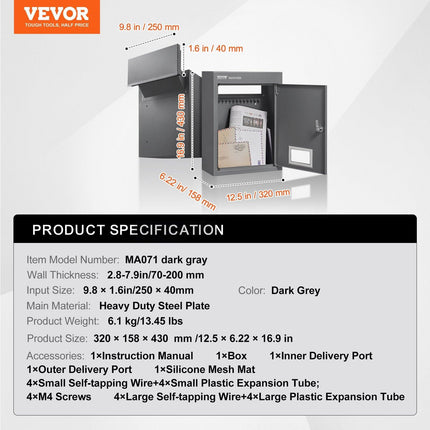 Through The Wall Drop Box, Heavy Duty Steel Through the Wall Mailbox with 2.8-7.9" 13" Combination Lock, 12.5x6.3x16.9" Mail Drop Box, Dark Gray.