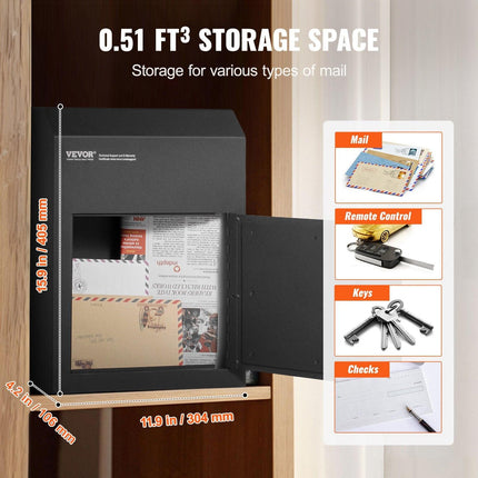 Through The Door Key Drop Box, Heavy Duty Steel Through the Door Mailbox with 1.8" 12" Key Lock, 12x6x16" Mail Drop Box, Black.