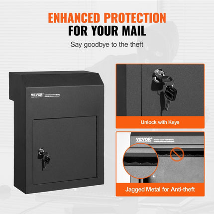 Through The Door Key Drop Box, Heavy Duty Steel Through the Door Mailbox with 1.8" 12" Key Lock, 12x6x16" Mail Drop Box, Black.