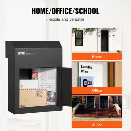 Through The Door Key Drop Box, Heavy Duty Steel Through the Door Mailbox with 1.8" 12" Key Lock, 12x6x16" Mail Drop Box, Black.