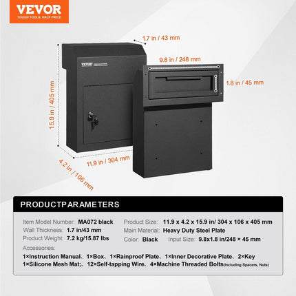 Through The Door Key Drop Box, Heavy Duty Steel Through the Door Mailbox with 1.8" 12" Key Lock, 12x6x16" Mail Drop Box, Black.