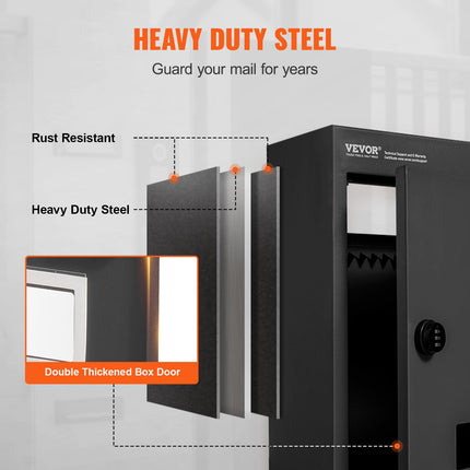 Through The Wall Drop Box, Heavy Duty Steel Through the Wall Mailbox with 2.8-7.9" 13" Combination Lock, 13x7x17" Mail Drop Box, Black.