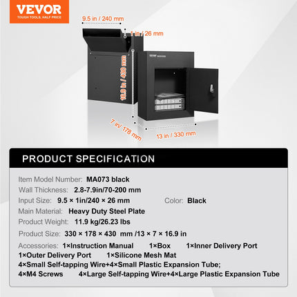 Through The Wall Drop Box, Heavy Duty Steel Through the Wall Mailbox with 2.8-7.9" 13" Combination Lock, 13x7x17" Mail Drop Box, Black.