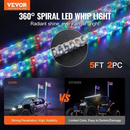 2 PCS 5 FT Whip Light, APP & RF Remote Control Led Whip Light, Waterproof Spiral RGB Chasing Lighted Whips with 4 Flags, for UTVs, ATVs, Motorcycles, RZR, Can-am, Trucks, Off-road, Go-karts.