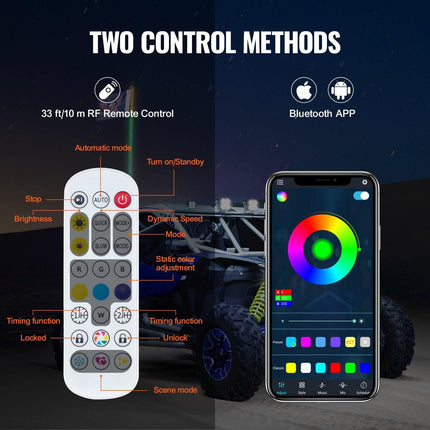 2 PCS 5 FT Whip Light, APP & RF Remote Control Led Whip Light, Waterproof Spiral RGB Chasing Lighted Whips with 4 Flags, for UTVs, ATVs, Motorcycles, RZR, Can-am, Trucks, Off-road, Go-karts.