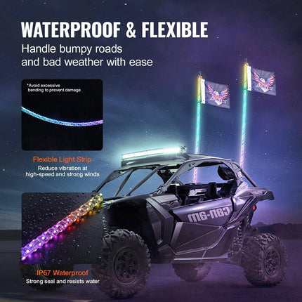 2 PCS 5 FT Whip Light, APP & RF Remote Control Led Whip Light, Waterproof Spiral RGB Chasing Lighted Whips with 4 Flags, for UTVs, ATVs, Motorcycles, RZR, Can-am, Trucks, Off-road, Go-karts.