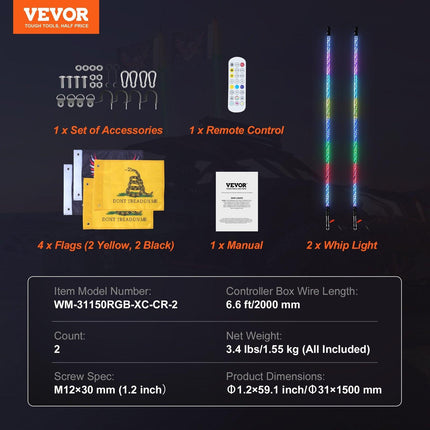 2 PCS 5 FT Whip Light, APP & RF Remote Control Led Whip Light, Waterproof Spiral RGB Chasing Lighted Whips with 4 Flags, for UTVs, ATVs, Motorcycles, RZR, Can-am, Trucks, Off-road, Go-karts.