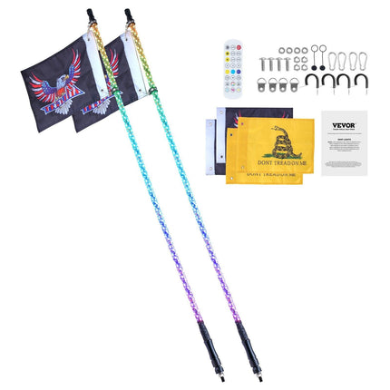 2 PCS 5 FT Whip Light, APP & RF Remote Control Led Whip Light, Waterproof Spiral RGB Chasing Lighted Whips with 4 Flags, for UTVs, ATVs, Motorcycles, RZR, Can-am, Trucks, Off-road, Go-karts.