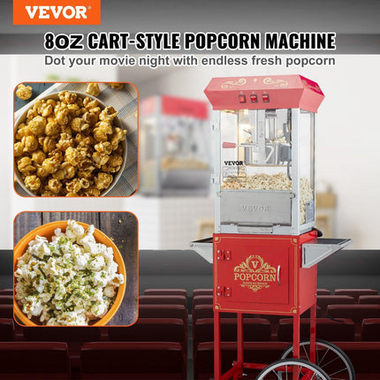 Popcorn Popper Machine with Cart Popcorn Maker 850W 8 Oz 48 Cups Red.