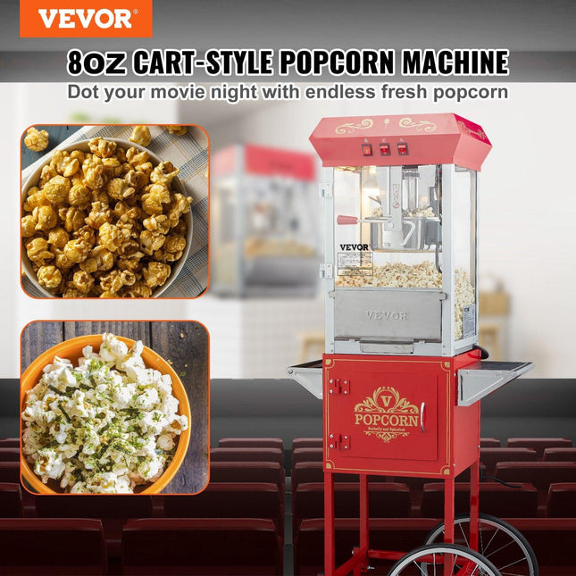 Popcorn Popper Machine with Cart Popcorn Maker 850W 8 Oz 48 Cups Red.