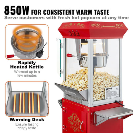 Popcorn Popper Machine with Cart Popcorn Maker 850W 8 Oz 48 Cups Red.