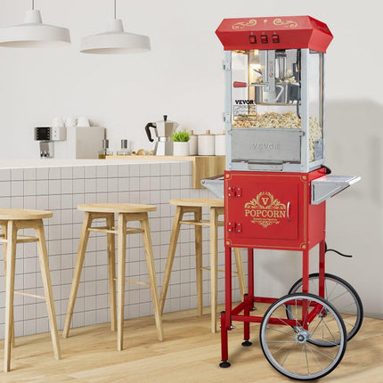 Popcorn Popper Machine with Cart Popcorn Maker 850W 8 Oz 48 Cups Red.