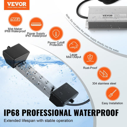 Ultrasonic Mist Maker 12 Head, 9000mL/H Ultrasonic Fogger, Mist Maker with 300W IP67 Waterproof Power Supply, Buoy, Replacement Discs, for Pond, Garden, Rockery, Greenhouse, Halloween Decoration.