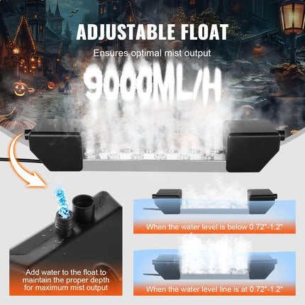Ultrasonic Mist Maker 12 Head, 9000mL/H Ultrasonic Fogger, Mist Maker with 300W IP67 Waterproof Power Supply, Buoy, Replacement Discs, for Pond, Garden, Rockery, Greenhouse, Halloween Decoration.