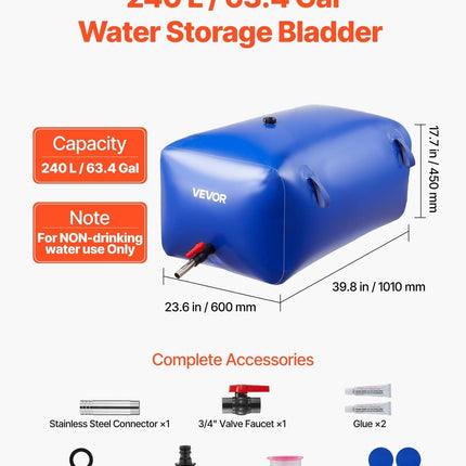 Water Storage Bladder 240L Large Capacity Water Bag, Portable & Collapsible Soft Waters Container, Leakproof & Tear-Resistant PVC Emergency Waters Storage Tank for RV Truck & Outdoor Use.