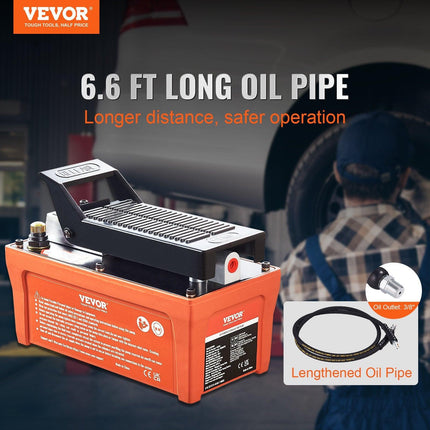VEVOR Air Hydraulic Pump, 10,000 PSI 1/2 Gal Reservoir, NPT 3/8" Oil Outlet, NPT 1/4" Inlet, 6.6 ft Pipe, Foot Actuated Hydraulic Pump Air Treadle for Auto Body Frame Machines and Pulling Post, Orange.