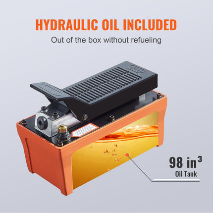 VEVOR Air Hydraulic Pump, 10,000 PSI 1/2 Gal Reservoir, NPT 3/8" Oil Outlet, NPT 1/4" Inlet, 6.6 ft Pipe, Foot Actuated Hydraulic Pump Air Treadle for Auto Body Frame Machines and Pulling Post, Orange.