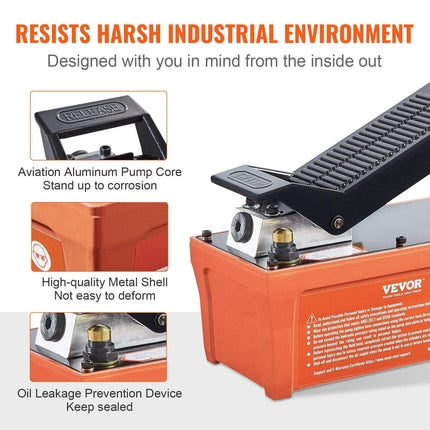 VEVOR Air Hydraulic Pump, 10,000 PSI 1/2 Gal Reservoir, NPT 3/8" Oil Outlet, NPT 1/4" Inlet, 6.6 ft Pipe, Foot Actuated Hydraulic Pump Air Treadle for Auto Body Frame Machines and Pulling Post, Orange.