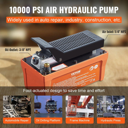 VEVOR Air Hydraulic Pump, 10,000 PSI 1/2 Gal Reservoir, NPT 3/8" Oil Outlet, NPT 1/4" Inlet, 6.6 ft Pipe, Foot Actuated Hydraulic Pump Air Treadle for Auto Body Frame Machines and Pulling Post, Orange.
