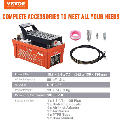 VEVOR Air Hydraulic Pump, 10,000 PSI 1/2 Gal Reservoir, NPT 3/8" Oil Outlet, NPT 1/4" Inlet, 6.6 ft Pipe, Foot Actuated Hydraulic Pump Air Treadle for Auto Body Frame Machines and Pulling Post, Orange.