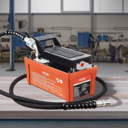 VEVOR Air Hydraulic Pump, 10,000 PSI 1/2 Gal Reservoir, NPT 3/8" Oil Outlet, NPT 1/4" Inlet, 6.6 ft Pipe, Foot Actuated Hydraulic Pump Air Treadle for Auto Body Frame Machines and Pulling Post, Orange.