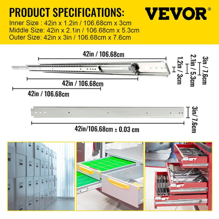 Drawer Slides, 1 Pair 42 Inch Heavy Duty Drawer Slides, Ball Bearing Side Mount Drawer Hardware Slides, 500 LBS Load Capacity 3-Section Full Extension Drawer Slides for Smooth Slide, Less Noise.